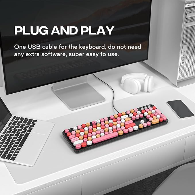 Computer Keyboard Wired, Plug and Play USB Retro Round Typewriter Keyboard, Full Size Wired Keyboard with Foldable Stands for Laptop and Office PC- Black Colorful
