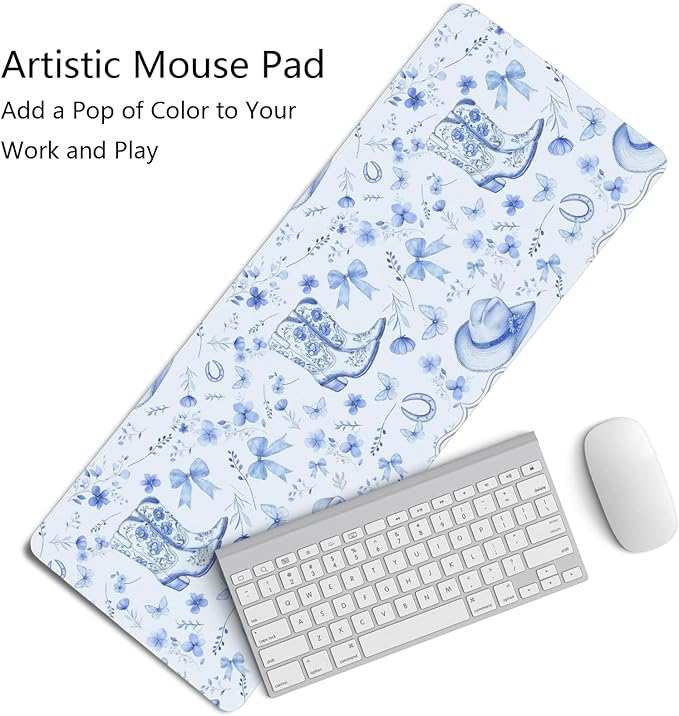 Light Blue Western Desk Mat,Cowgirl Mouse Pad,Blue And White Floral Large Mouse Pad,Western Desk Accessories for Dorm Office Decor, 31.5x11.8 Inch