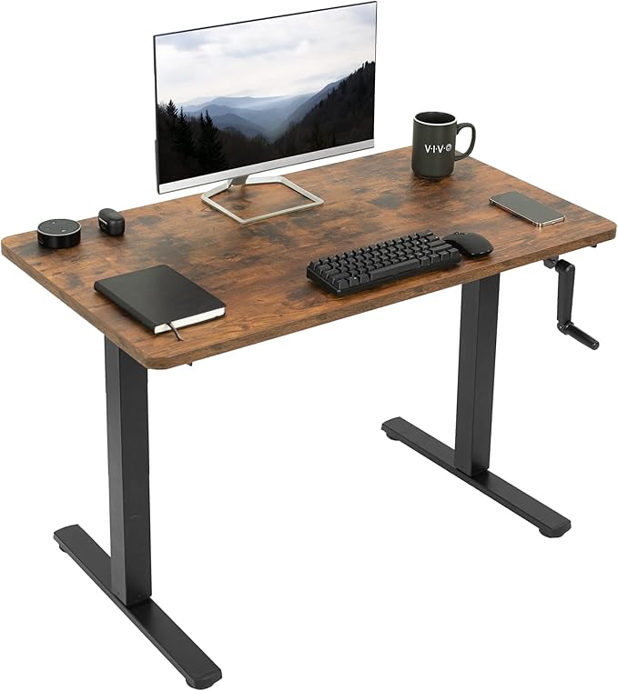 VIVO Manual Height Adjustable 43 x 24 inch Stand Up Desk, Rustic Vintage Brown Solid One-Piece Table Top, Black Frame, Standing Workstation with Foldable Handle, DESK-KIT-MB4N