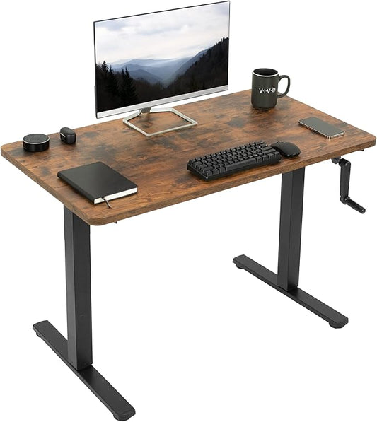 VIVO Manual Height Adjustable 43 x 24 inch Stand Up Desk, Rustic Vintage Brown Solid One-Piece Table Top, Black Frame, Standing Workstation with Foldable Handle, DESK-KIT-MB4N