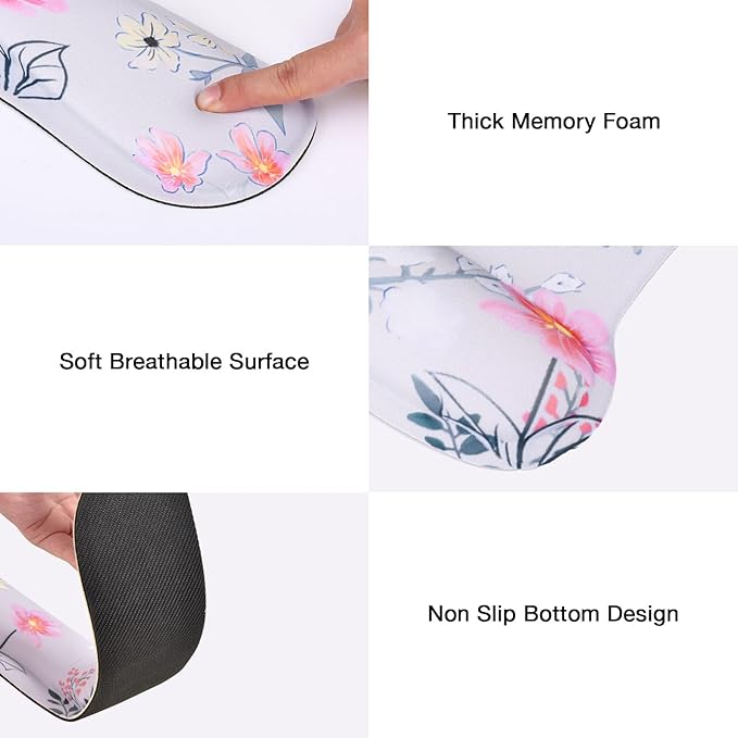 MEGREZ 4-in-1 Ergonomic Memory Foam Wrist Rest Set, Desk Pad, Mouse Pad with Wrist Rest, Keyboard Pad, Suitable for Office Workers, Programmers & Gamers–Relieve Typing & Gaming Fatigue, Pink Flower