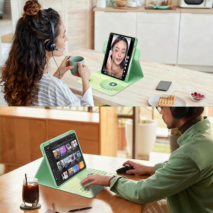YBING Keyboard Case for iPad 10th Gen 10.9 inch (2022) & 11th Gen (A16, 2025), Bluetooth Wireless Detachable Keyboard with Green Music Painted Patterns, 360 Rotatable Magnetic Case with Pencil Holder