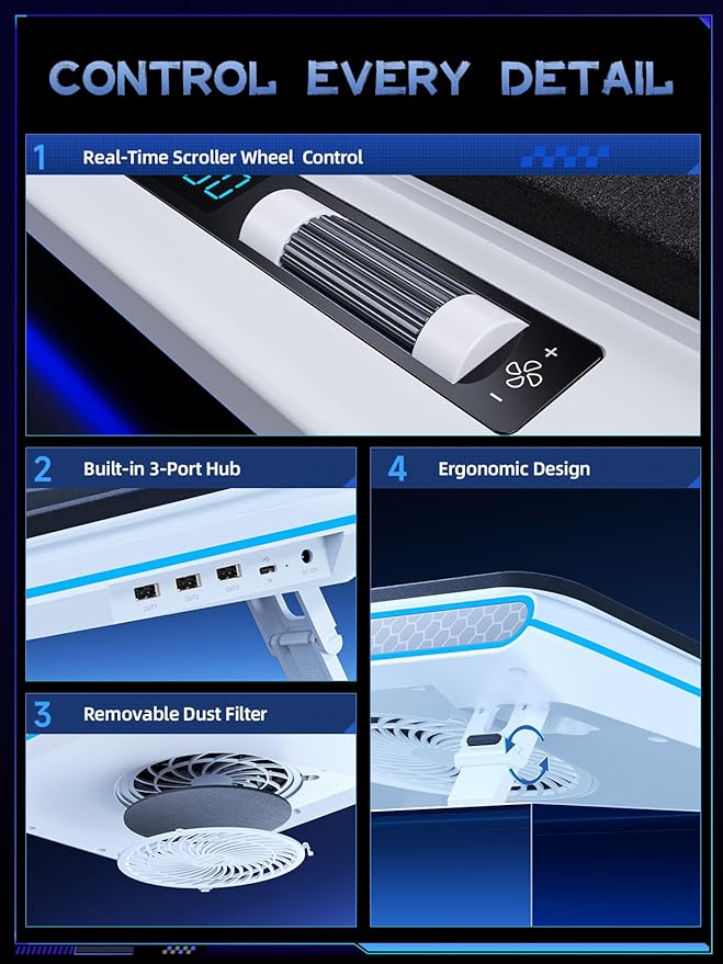 llano RGB Laptop Cooling Pad, White, Powerful Turbofan, Quiet Cooling, Touch Control, LCD Screen, Seal Foam, 15-19in Laptops
