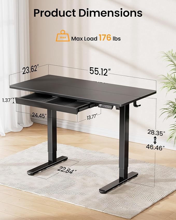 ErGear 55" x 24" Electric Standing Desk with Drawers, Height Adjustable Desk with 4 Preset Heights, Ergonomic Rising Home Office Computer Table with Splice Board, Black