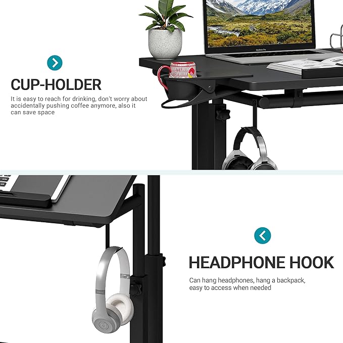 Klvied Adjustable Height Standing Desk with Cup Holder, Portable and Easy to Move, Ideal for Home or Office, Black