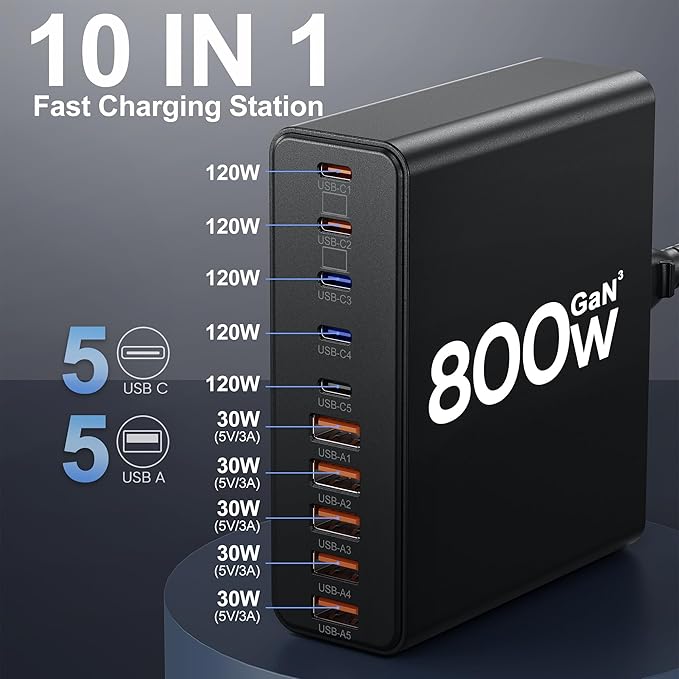 800W USB C Charger Block,10-Port Charging Station GaN Fast Charging Type C & USB A Wall Charger Adapter for MacBook Pro/Air,iPhone,iPad,Dell XPS,Samsung Galaxy (Bright Black)