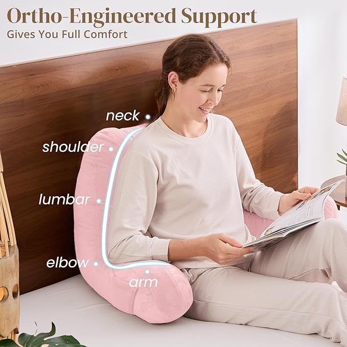 Sasttie Reading Pillow, Pillows for Reading or Relaxing – Ergonomic Support for Head, Neck, Back, and Lumbar, 21-Inch, Light Pink