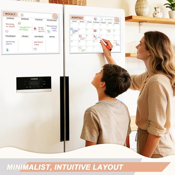 ARVOK 2 Pack A3 Magnetic Calendar for Refrigerator - 16.5"x11.6" Reusable Weekly & Monthly Planner Dry Erase Fridge Calendar Whiteboard with 4 Markers, 16 Magnets & Eraser for Family Schedule, Meal Menu, To-Do List