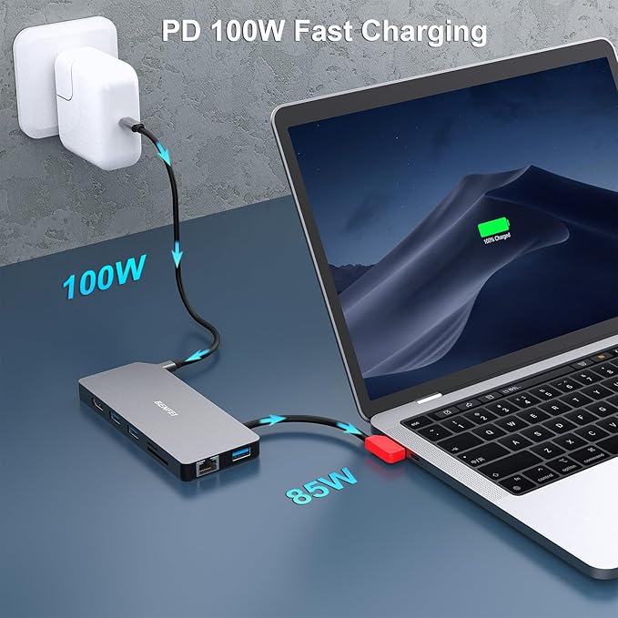 BENFEI 9in1 USB C MST Laptop Docking Station, USB-C Hub with HDMI DisplayPort Dual Monitor/3*USB Type-A/1*USB Type-C(10Gbps+100W PD)/SD/TF Card Reader/1*RJ45