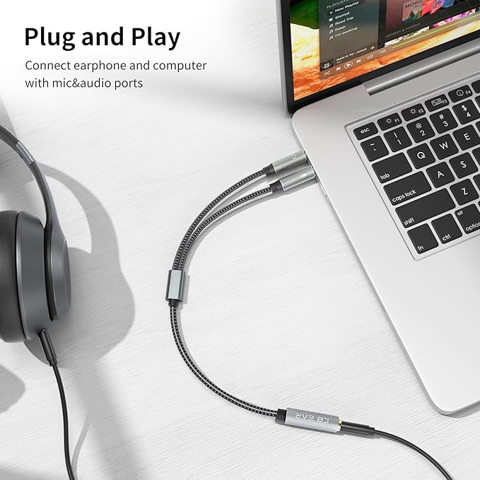 Headphone Splitter for Computer, KBEAR KA01 3.5mm Female to 2 Dual 3.5mm Male Braided Audio Adapter Cable, Y Splitter Audio Cable-Separate Microphone & Headphone Port Gaming Headset Earphone Adapter
