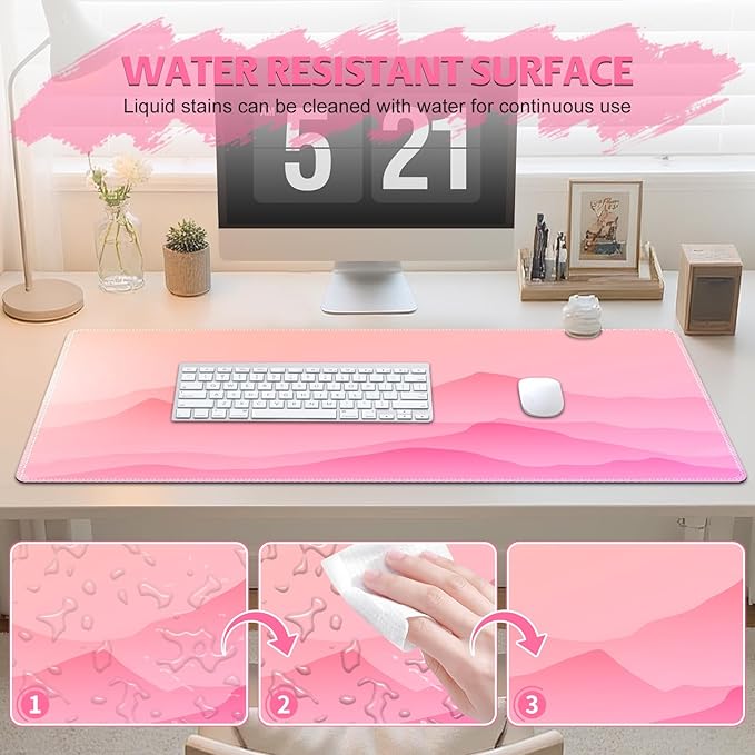 Desk Mat for Keyboard and Mouse, Large Mouse Pad Non-Slip Keyboard Pad, Computer Mats for Desktop, Cute Desk Pad with Stitched Edges for Office, Gaming I Pink Mountains