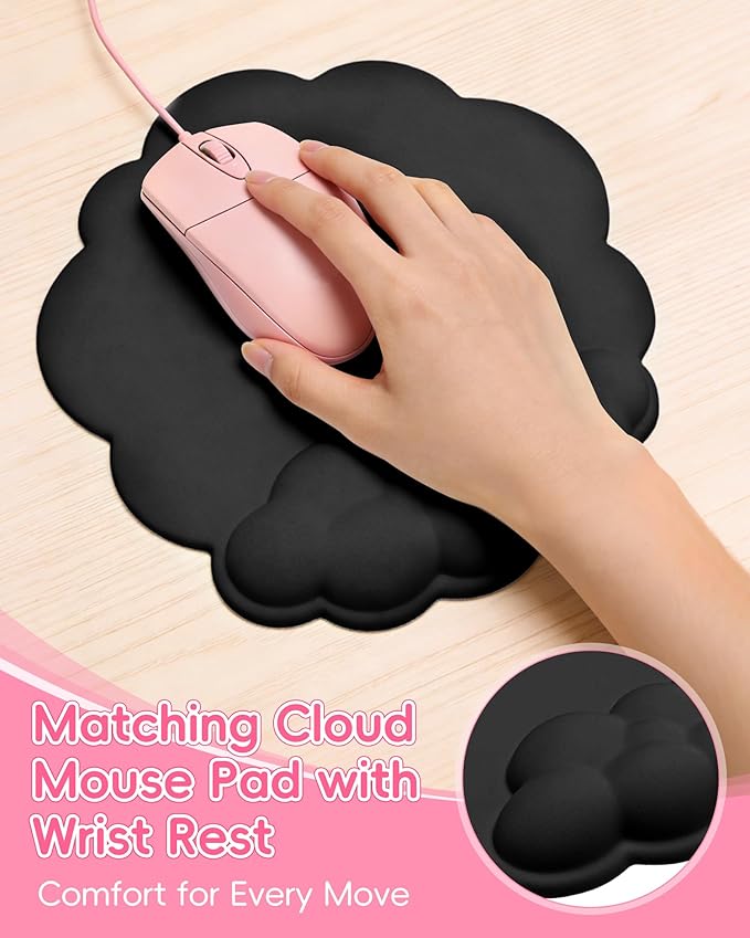 Cloud Wrist Rest Set for Keyboard and Mouse, 3-Piece Memory Foam Wrist Pad with Silky Lycra Surface, 2-in-1 Keyboard Wrist Rest & Stand, Two Typing Angles, Cute Cloud Desk Accessories (Classic Black)