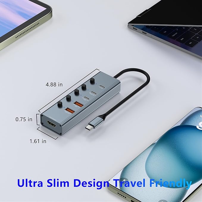 10Gbps USB C Hub Multiport Adapter, 6 Ports USB C Splitter with 4 USB 3.2 Gen 2 Ports, 4K@60Hz HDMI, 100W PD, Touch Switch, USBC to USB Hub for MacBook, iPad, HP, Dell (Not Support Type-C Monitor)
