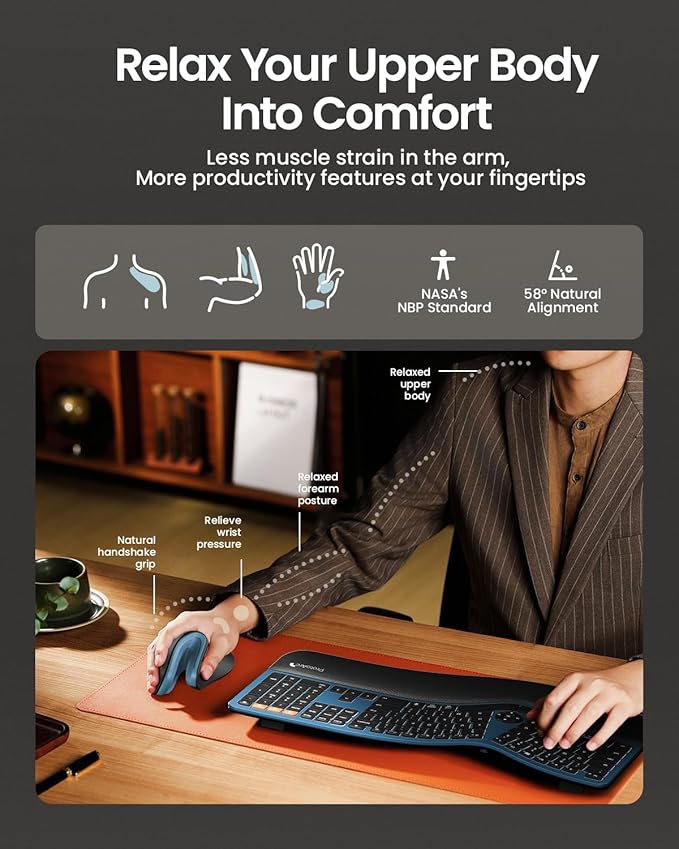 ProtoArc Backlit Wireless Full Size Ergonomic Keyboard Blue and Bluetooth Ergonomic Vertical Mouse Blue