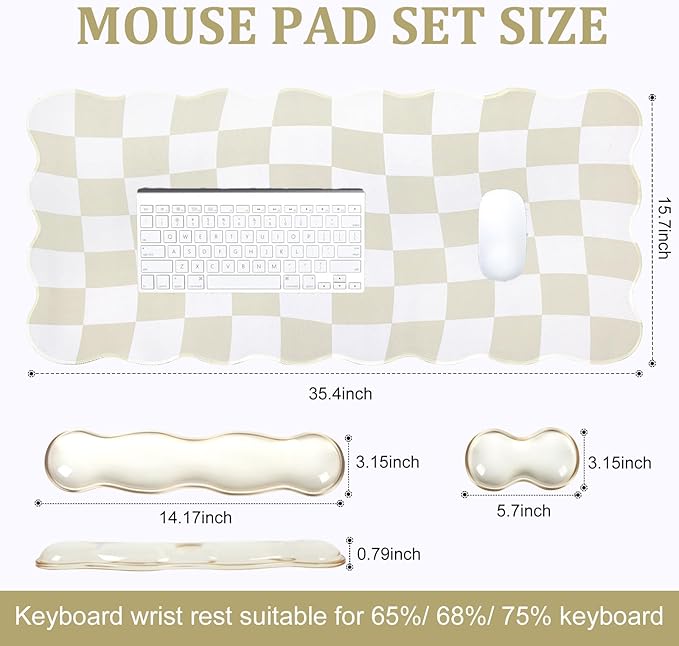 L-SPOUTTO Beige Checkered Mouse Pad Set,Scalloped XXL Desk Mat + Ergonomic Mouse Wrist Rest + Gel Keyboard Wrist Rest for Keyboard 65%/75%,3in1 Large Desk Pad for Desktop Home Office Computer Game