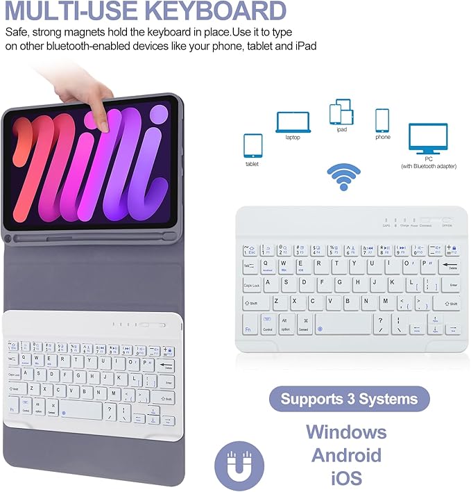 BORIYUAN iPad mini 6 Keyboard Case 2021, Detachable Wireless Bluetooth Keyboard Slim Folio Smart Cover with Build-in Pencil Holder for iPad mini 6th Generation 8.3 inch – Lavender