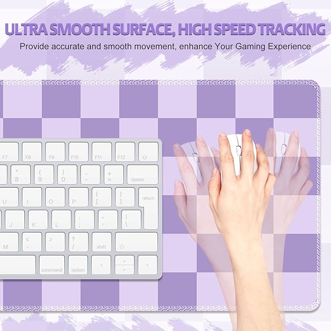 Desk Mat for Keyboard and Mouse, Large Non-Slip Mouse Pad Keyboard Pad, Computer Mats for Desktop, Cute Desk Pad with Stitched Edges for Office, Gaming I Pastel Purple Checkered