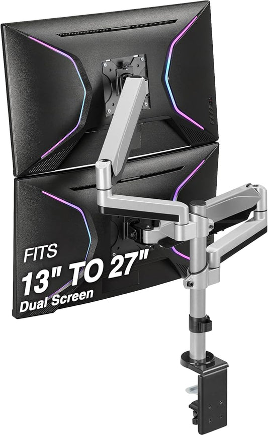AVLT Dual 13 to 27 in Stacked Monitor Arm Desk Mount, Fits Two Flat or Curved Screens, Full Motion Height Adjustable Swivel Tilt Rotation, VESA C-Clamp Grommet Cable Management