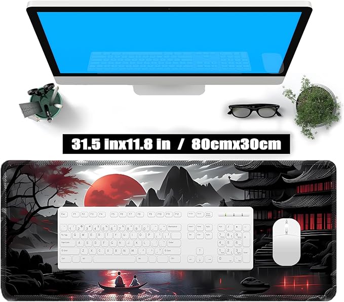 Japanese Sakura Mouse Pad 31.5x11.8 Inch Black Anime Desk Mat Large Non-Slip Rubber Base Waterproof with Stitched Edges for Gaming and Office(Red Moon)