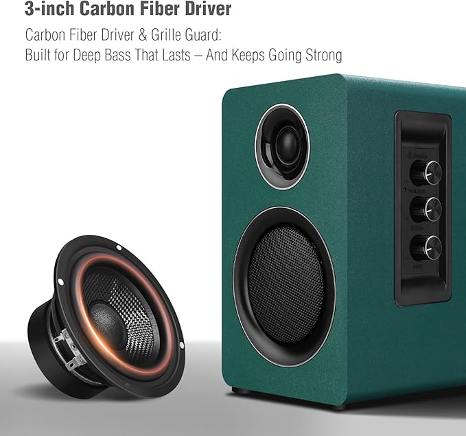 Computer Speakers for Desktop PC, Active Bookshelf Speaker with 3‘’ Carbon Fiber Woofer and Silk Film Tweeter ,Supports Bluetooth 5.3, USB-C, AUX/RCA Input for Record Player TV - Green Stereo Set
