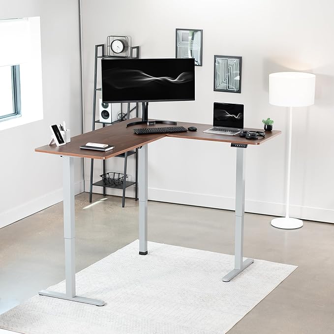 VIVO Corner Standing Desk, 63 x 55 inch Reversible L-Shaped Workstation, Electric Height Adjustment, Home, Office, and Reception Rooms, Dark Walnut Table Top Gray Frame, DESK-E3CTGD