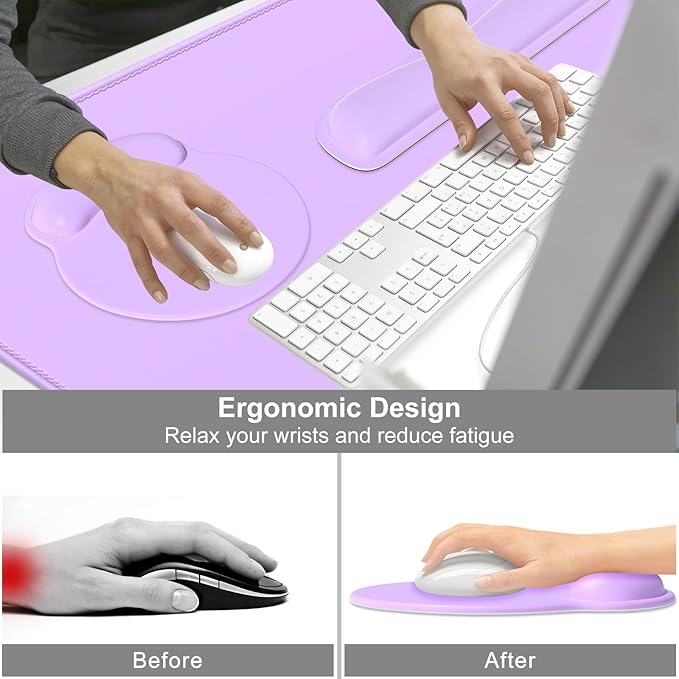 Dapesuom Large Gaming Mouse Pad, Mouse Pads with Wrist Rest Wrist Support, 4in1 Big XXL Desk Mat Desk Pad + Ergonomic Mousepad + Memory Foam Keyboard Mat Wrist Rest + Coaster Set for Computer, Purple