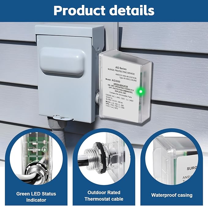 AG3000 HVAC Surge Protector 120/240V, 3-Mode Mini Split Surge Protective Device with TPMOV Technology, Type 4X Watertight Enclosure Lightning & Surge Protection for AC, Furnace, HVAC Equipment