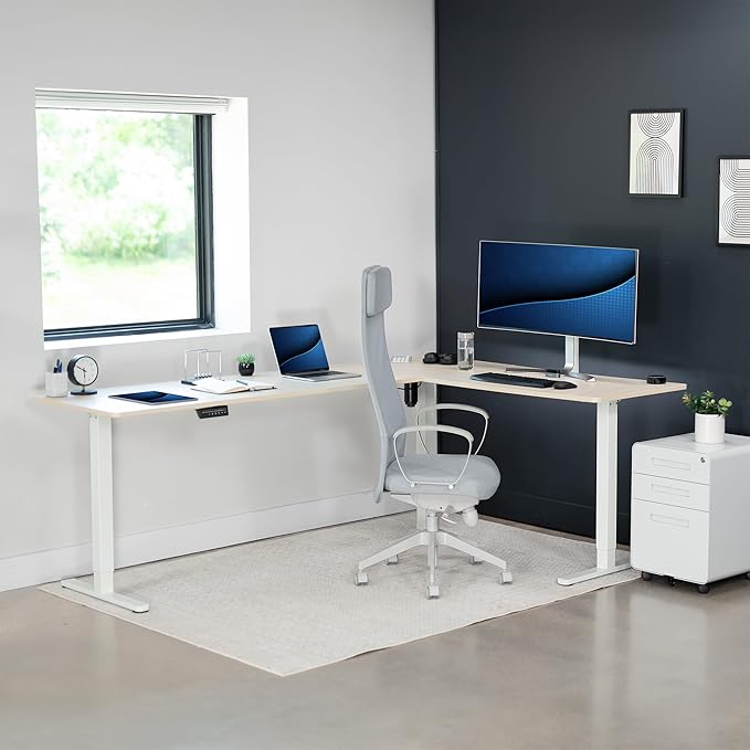 VIVO Corner Standing Desk, 84 x 63 inch Reversible L-Shaped Workstation, Electric Height Adjustment, Home, Office, and Reception Rooms, Light Wood Table Top White Frame, DESK-E3CTWC-84