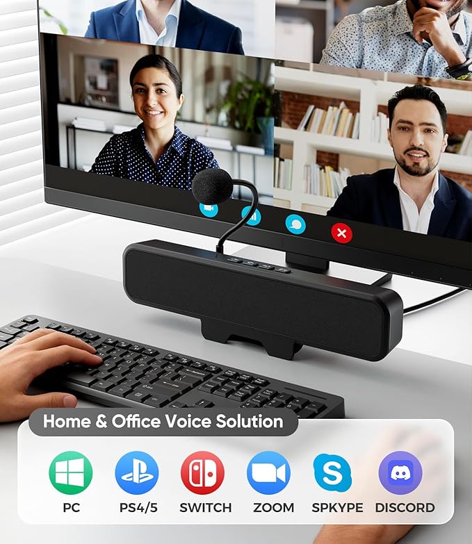 USB Computer Speakers with Detachable Microphone, Plug and Play Desktop Speaker with Monitor Clip, Stereo Sound & Bass, Suitable for PC, PS5, Switch 2 and Laptop