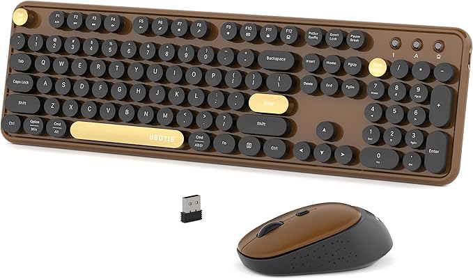Colorful Wireless Computer Keyboards Mouse Combos, UBOTIE Polychrome Round Keycaps Retro PC Keyboards 2.4GHz Radio Frequency Connection with Optical Mouse(Black Brown)