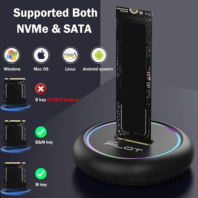 M.2 NVMe & SATA to USB C Docking Station, M.2 SSD to USB A C Reader Adapter for Both M Key & B+M Key NVMe PCIE and SATA NGFF SSD Dock, Size for 22110 2280 2260 2242 2230 RGB Light Enclosure
