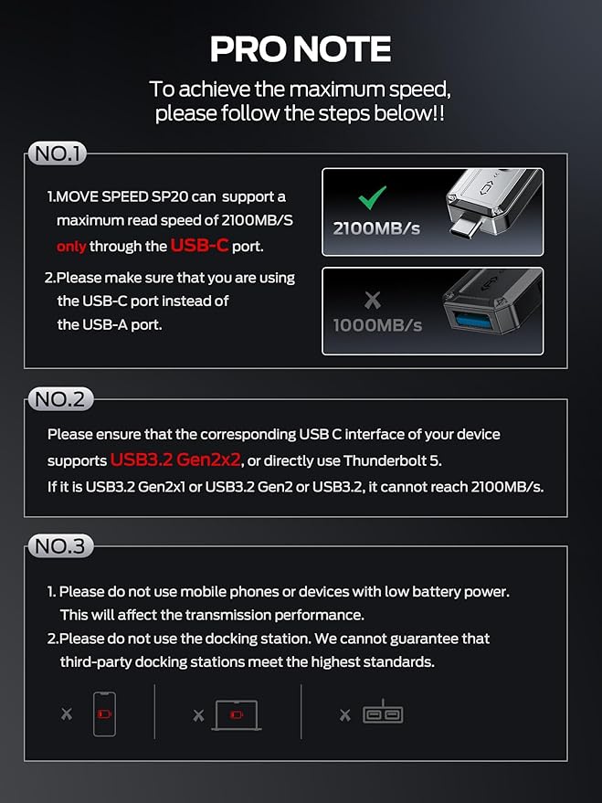 MOVE SPEED 2TB USB Drive, 2100MB/s TLC Reliable Transfer Portable SSD with USB 3.2 Gen2x2 + Type C, Cool USB Drive for Phone/Windows/Mac (SP20)