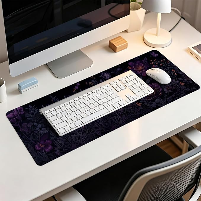 Gothic Purple Butterfly Floral Mouse Pads,Dark Aesthetic Cottagecore Mouse Pad,Mystical Botanical Flower Desk Mat,Purple Botanical Desk Mat for Home Office Dorm Desktop Decor,31.5x11.8 Inch