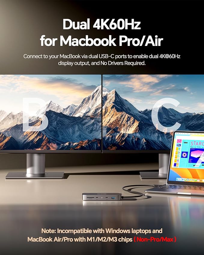 MacBook Pro Docking Station Dual Monitor 4K@60Hz for MacBook Pro/Air M5/M4/M3 Pro & Max, Mac Docking Station Dual Monitor, Macbook Pro Dock with 2HDMI,PD,Ethernet,USB A/C 10Gbps,SD/TF, USB 2.0