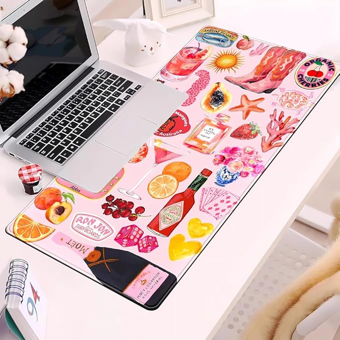 Pink Cute Desk Mat Kawaii Aesthetic Keyboard Pad, Holiday Style Deskpad Mat Gaming Large Mouse Pads for Desk, Large Mouse Pad Strawberry Desk Mat Accessories for Women Desk Decor 31.5" X 15.7"