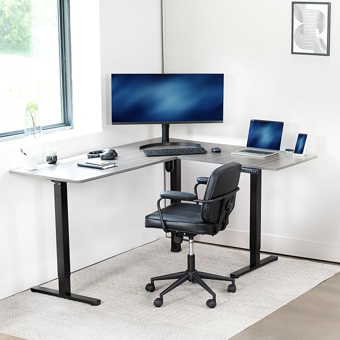 VIVO Corner Standing Desk, 63 x 55 inch Reversible L-Shaped Workstation, Electric Height Adjustment, Home, Office, and Reception Rooms, Dark Gray Table Top Black Frame, DESK-E3CTG