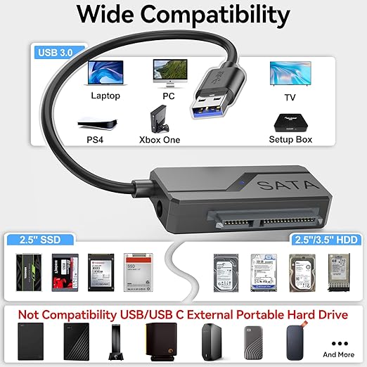 SATA to USB Adapter with Power, USB 3.0 to SATA III Internal Hard Drive Reader for 2.5"SSD/3.5"HDD Up to 20TB Converter Cable with 12V DC Adapter Supply Support UASP Seagate WD Hitachi Toshiba