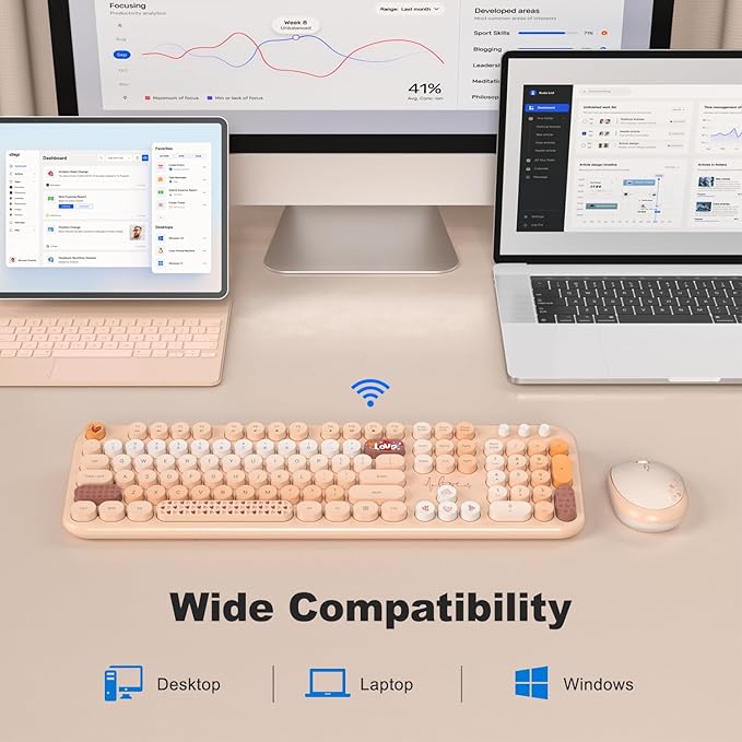 MOFII Wireless Keyboard and Mouse Combo - Pale Coffee Full Sized Plug and Play Colorful Computer Keyboards - 104 Keys Round Keycap USB 2.4G Cute Keyboard for Windows/Laptop/Mac/Desktop/PC