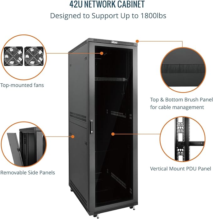 Tecmojo 42U Server Rack Network Cabinet 31.5" D x 23.6" W, Locking Data Cabinet Enclosure for 19" Server, Networking, AV & IT Equipment, Clear Door, Black