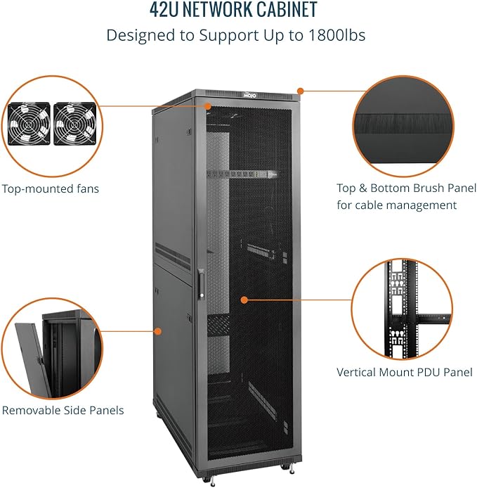 Tecmojo 42U Server Rack Network Cabinet 31.5" D x 23.6" W, Locking Data Cabinet Enclosure for 19" Server, Networking, AV & IT Equipment, Mesh Door, Black