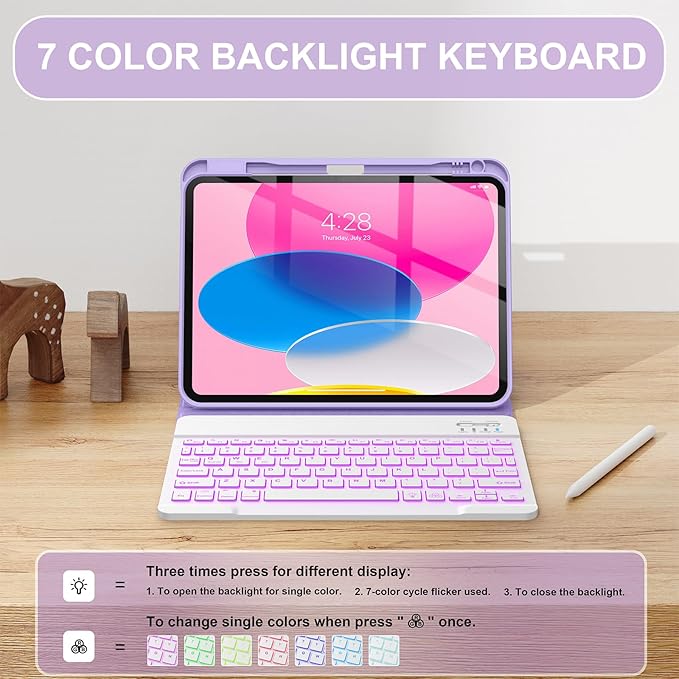 Soke for iPad (A16) 11th/10th Generation Case with Keyboard(2025/2022)-7 Color Backlight Wireless Detachable Folio Keyboard Cover with Built-in Pencil Holder for iPad 11/10.9 inch, Violet Marble