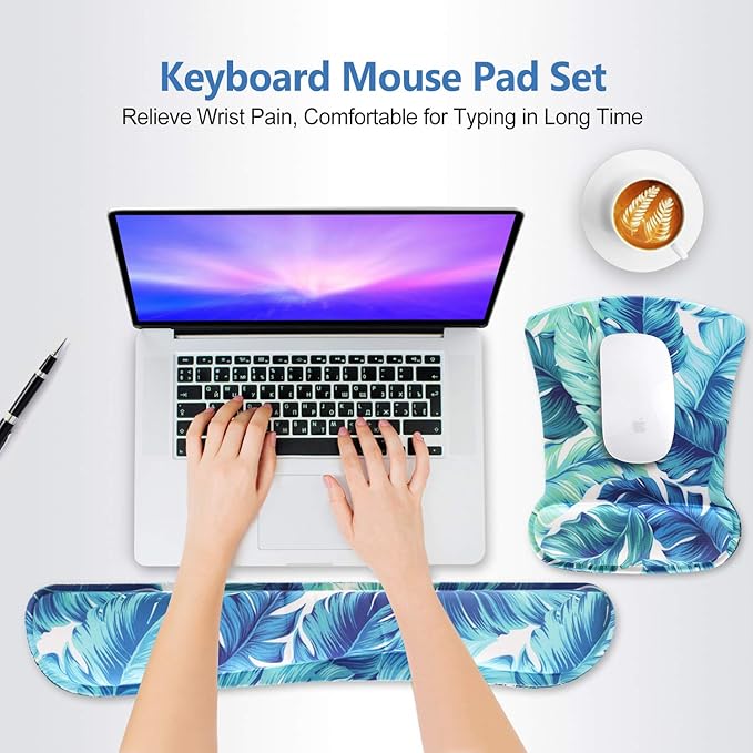 Keyboard Wrist Rest Pad Ergonomic Mouse Pad Set, ToLuLu Mouse Pad for Computer Laptop, Non Slip Mousepad Keyboard Wrist Support with Raised Memory Foam for Easy Typing Pain Relief, Tropical Leaf