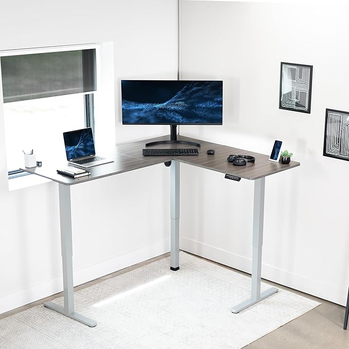VIVO Corner Standing Desk, 63 x 55 inch Reversible L-Shaped Workstation, Electric Height Adjustment, Home, Office, and Reception Rooms, Dark Gray Table Top Gray Frame, DESK-E3CTGG