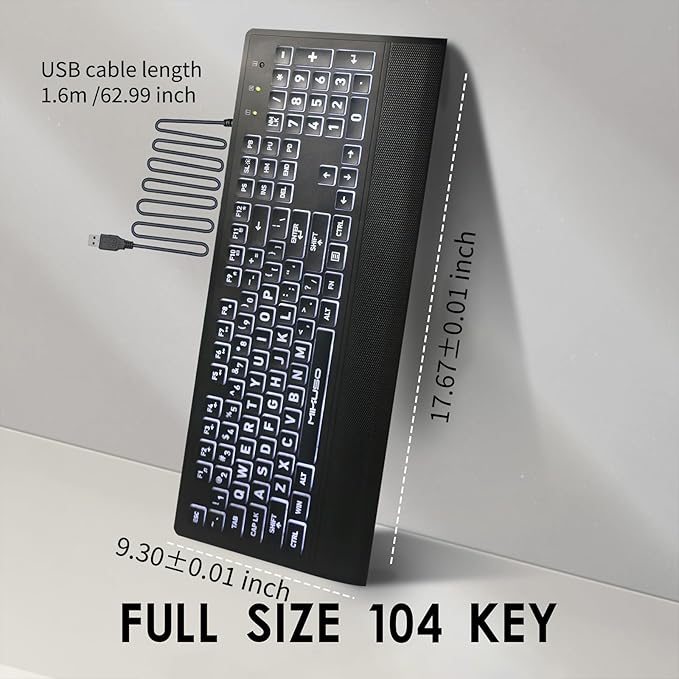 Large Print Keyboard for Seniors,Visually Impaired-High Contrast Black Keys,White Backlit with Cover,Wired USB 104 Full Size-Easy to Read Big Letters for Macular Degeneration Low Vision (No Glare)