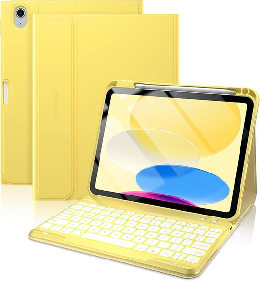 typecase Folio Keyboard Case for iPad 10th Gen 10.9 inch (2022) and iPad 11th (A16, 2025), Magnetic Wireless Detachable Keyboard, 7-Color Backlight, Thin & Light, Pencil Holder – Yellow