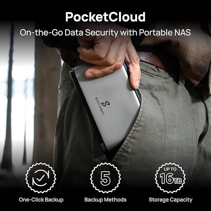 PocketCloud Portable NAS with M.2 NVMe & SD Slots, up to 8TB Capacity (Diskless), One-Click Backup,Supports Wi-Fi 6, LCD Display, App Control, 3200mAhx2 Replaceable Batteries for Outdoor Use