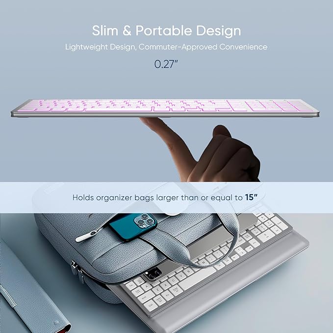 SABLUTE Wireless Keyboard with 7 Colored Backlits, Rechargeable Silent Compact Cordless Computer Keyboard with Low Profile Quiet Light Up Keys for Windows, PC, Linux, Chrome, Mac (Silver)