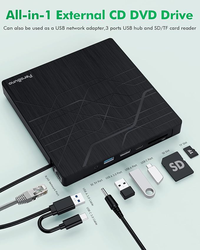 Super External CD DVD Drive, USB 3.0 DVD Burner with Ethernet Adapter, 3 USB and 2 TF/SD Card Ports, CD DVD Player Reader Writer Optical Disk Drive for Laptop MacBook PC Windows 11/10/8/7 Linux Mac OS