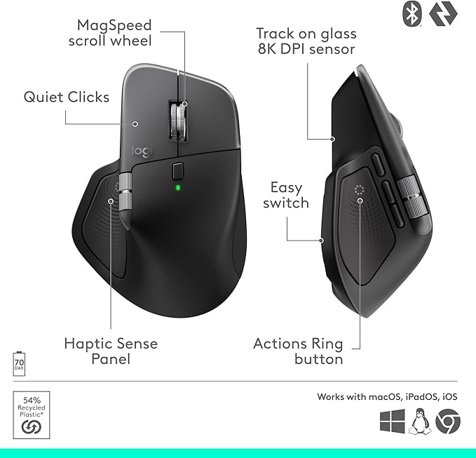 Logitech MX Master 4 for Mac, Ergonomic Bluetooth Mouse with Advanced Performance Haptic Feedback, Ultra-Fast Scrolling, USB-C Charging, MacOS, iPadOS, Windows - Space Black