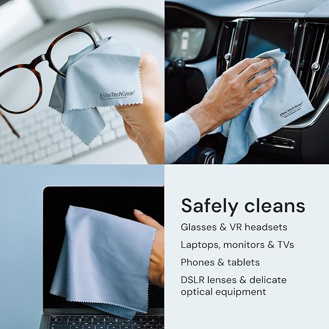 Elite Screens 6-Pack Microfiber Cleaning Cloths - 5-pc 6"×7" & 1-pc 12"×12", Light Blue - Streak-Free Glasses Wipes - Travel-Ready Eyeglass Cleaning Wipes - Oversized Reusable Lens Care Cloths